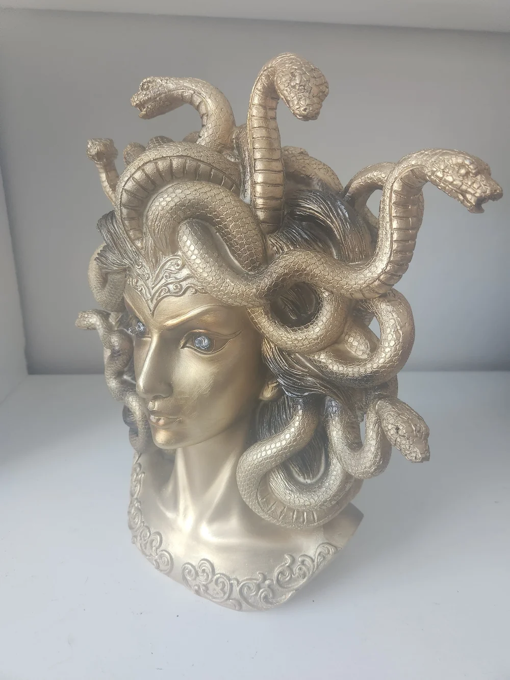 Metallic Gold Medusa Snake Headpiece Hair Bust With Light Up Eyes Resin